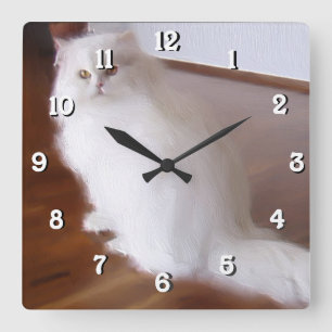 White Persian square cat  clock