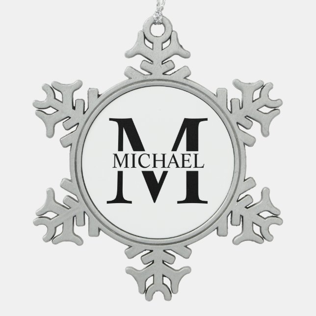 White Personalised Monogram and Name Snowflake Pewter Christmas Ornament (Front)