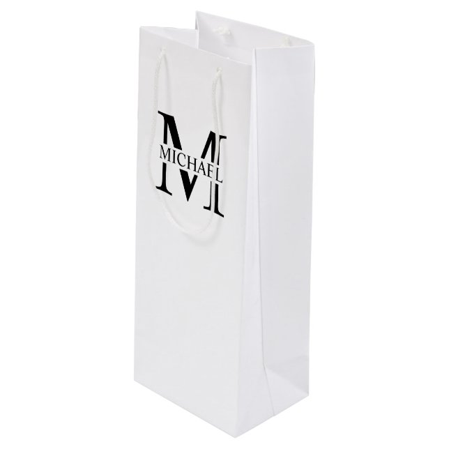 White Personalised Monogram and Name Wine Gift Bag (Front Angled)