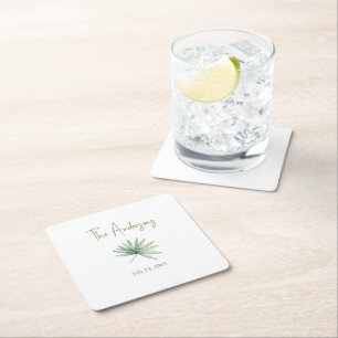 White Personalised Tropical Wedding Square Paper Coaster