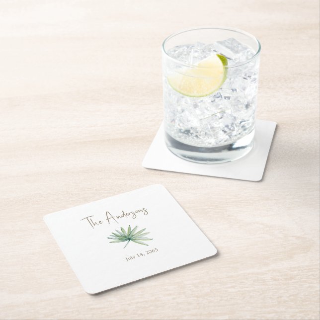 White Personalised Tropical Wedding  Square Paper Coaster (Insitu)