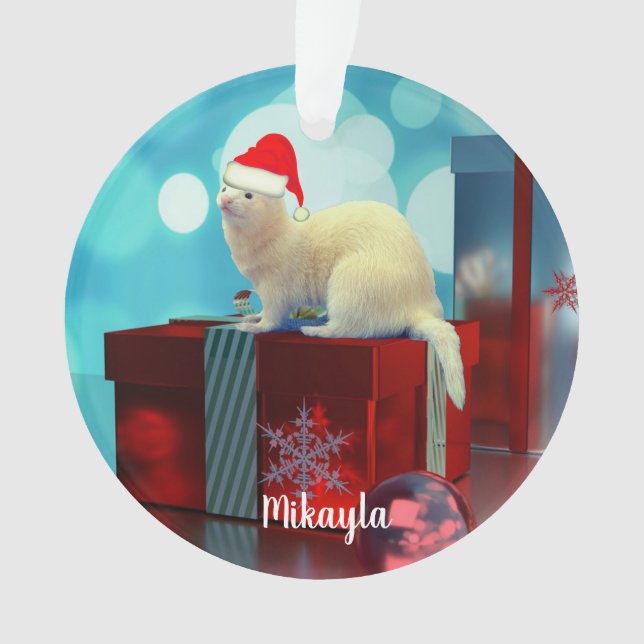 White Pet Ferret in Santa Hat Ornament (Front)