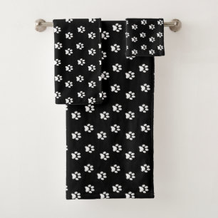 White Pet Paws Pattern on Black Bath Towel Set