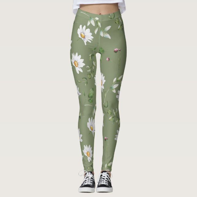 White petal flower on olive green background leggings (Front)