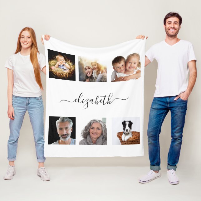 White photo collage name script fleece blanket (In Situ)