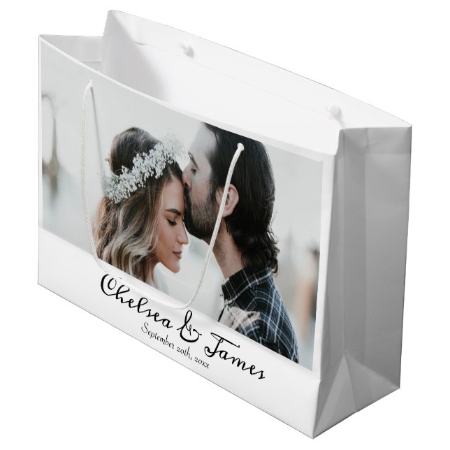 White Photo Elegant Calligraphy Name Anniversary  Large Gift Bag (Front Angled)