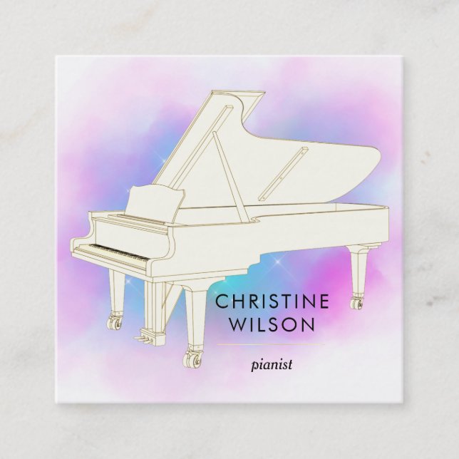 white piano on colourful watercolor cloud square business card (Front)