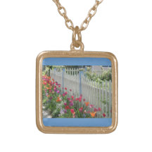 White Picket Fence With Tulips gold sq. necklace