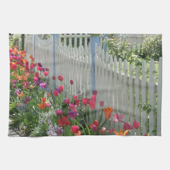 White Picket Fence With Tulips kitchen towel (Horizontal)