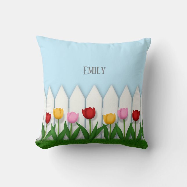 White Picket Fence With Tulips Personalised Cushion (Front)