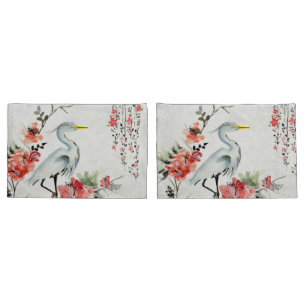 white pillow cases Asian flower crane
