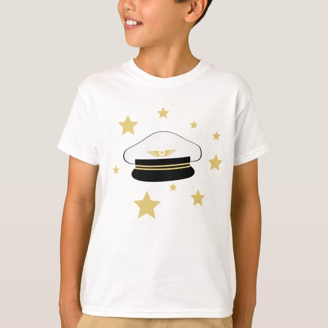 White pilot hat, gold stars, flight aviator T-Shir T-Shirt (Front)