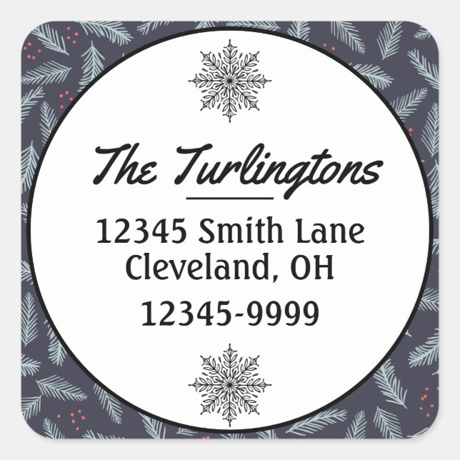 White Pine Boughs Feathers Holly Return Address Square Sticker (Front)