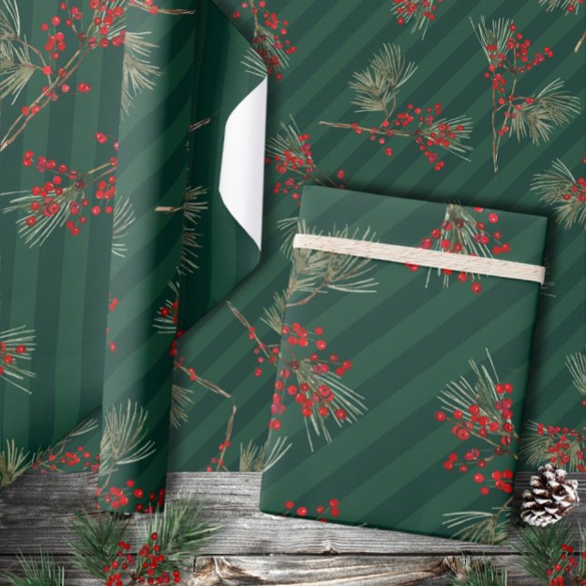 White Pine Branch Ilex Berries Emerald Green Wrapping Paper (Creator Uploaded)