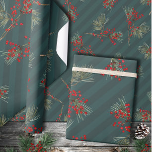 White Pine Branch Ilex Berries Slate Green Stripes Wrapping Paper