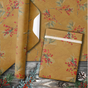 White Pine Branch Red Ilex Berries Gold Wrapping Paper