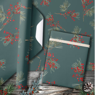 White Pine Branch Red Ilex Berries Slate Green Wrapping Paper
