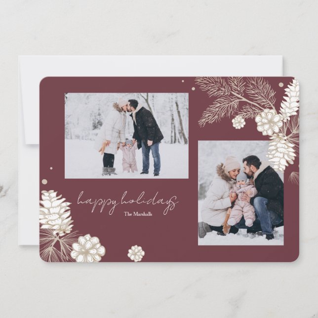 White Pine Cones 2 Photo Holiday Greeting Card (Front)