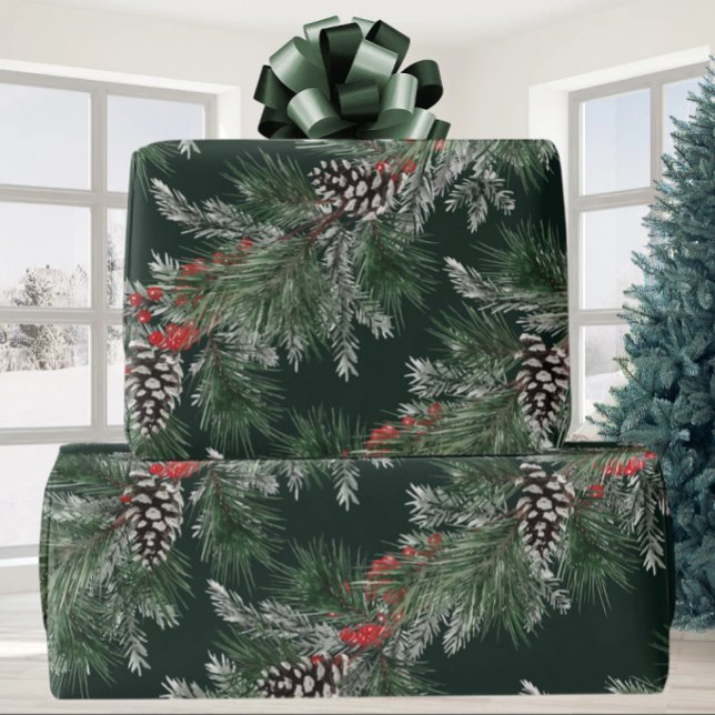 White Pine Cones Silver Spruce Red Berries Garland Wrapping Paper (Creator Uploaded)