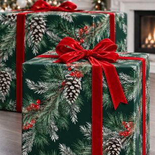 White Pine Cones Silver Spruce Red Berries Garland Wrapping Paper