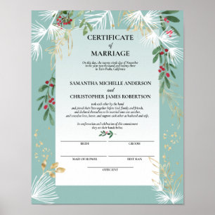 White Pine Holly Winter Certificate of Marriage Poster