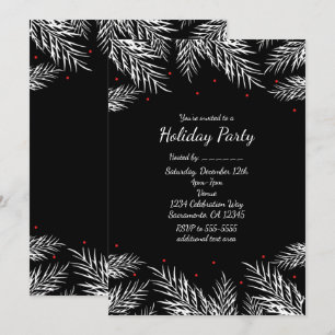 White Pine & Red Berries Black Holiday Invitations
