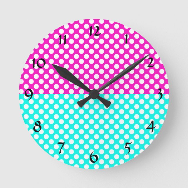 White, Pink and Blue Polka Dot Round Clock (Front)