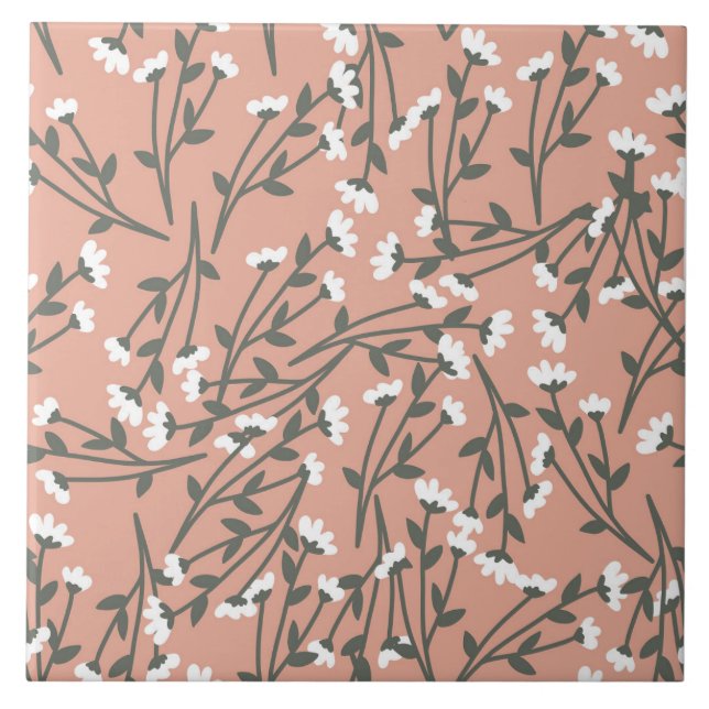 White Pink and Green Floral Pattern  Tile (Front)