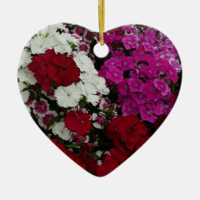 White, Pink and Red Dianthus Floral Ceramic Tree Decoration (Front)