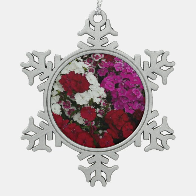 White, Pink and Red Dianthus Floral Snowflake Pewter Christmas Ornament (Front)