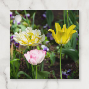 White, pink and yellow tulips in the garden favour tags