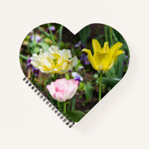 White, pink and yellow tulips in the garden     notebook