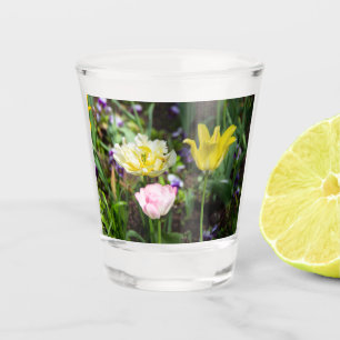 White, pink and yellow tulips in the garden shot glass