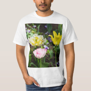 White, pink and yellow tulips in the garden T-Shirt