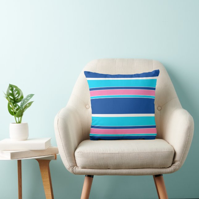 White Pink Aqua Turquoise Blue Stripes Pattern Cushion (Chair)