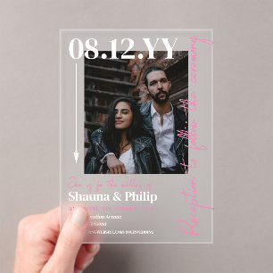 White Pink Arrow Typography Photo Wedding Acrylic Invitations