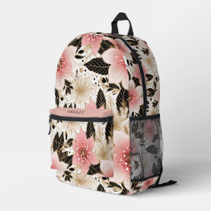 White Pink Black Flower Pattern Modern Monogram Printed Backpack