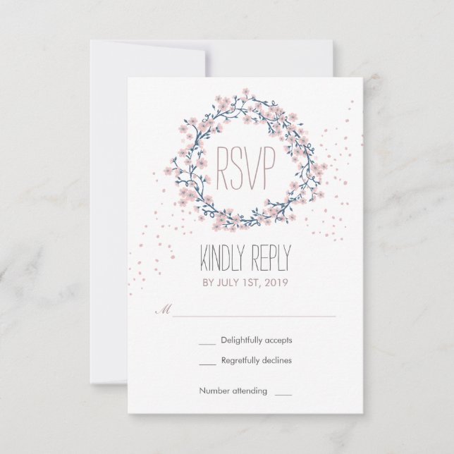 White Pink Blossom Flower Wreath Wedding RSVP Card (Front)