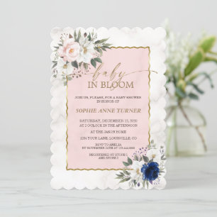 White Pink Blue Floral Twins Gold Baby in Bloom Invitation