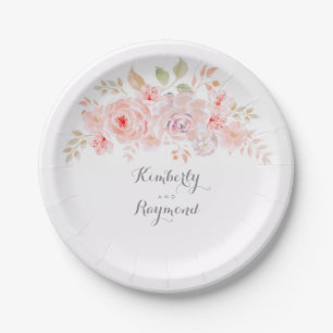 White Pink Blush Floral Paper Plate