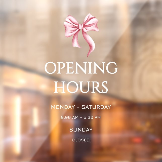 White Pink Bow Opening Hours Small Business Window Cling (Sheet 2)