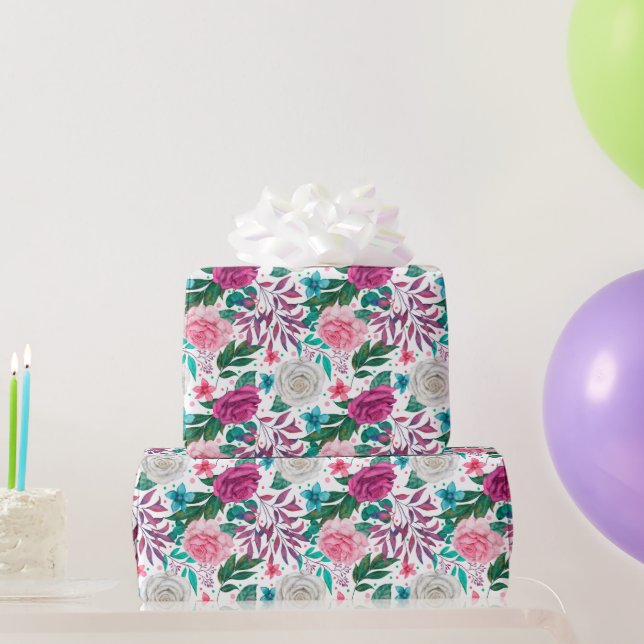 White Pink Burgundy Roses Wedding Wrapping Paper (Party Gifts)