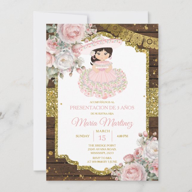White & Pink Charro Presentación De Tres Años Niña Invitation (Front)