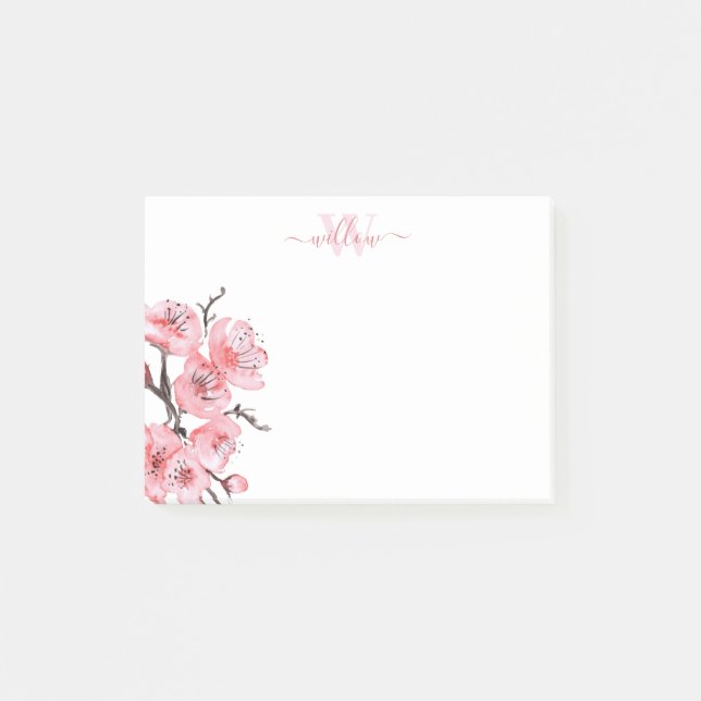 White Pink Cherry Blossom Monogram Post-it Notes (Front)