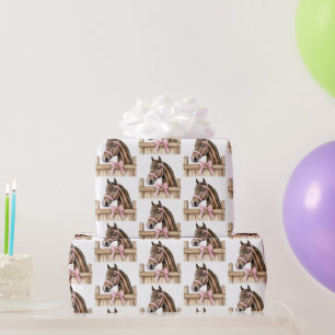 White Pink Cowgirl Horses Fence Birthday Wrapping Paper