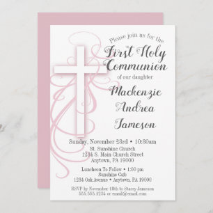 White Pink Cross First Holy Communion Invitation