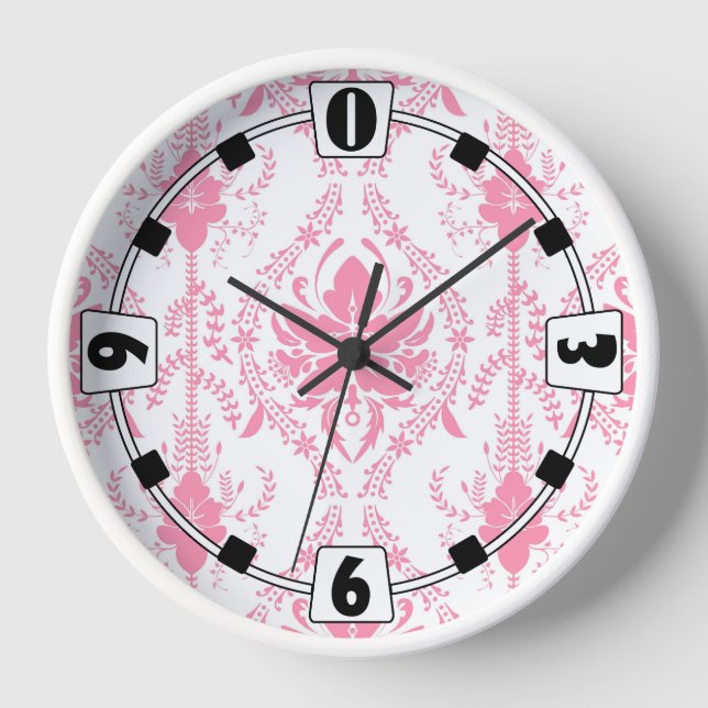 white pink damask pattern  clock (Front)