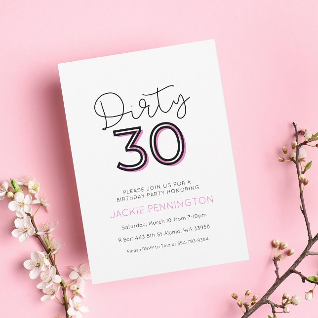 White Pink Dirty Thirty Birthday Party Invitation  (Creator Uploaded)