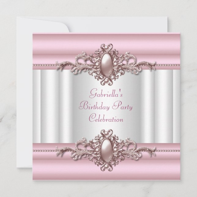 White Pink Elegant Birthday Party Pearl Image Invitation (Front)