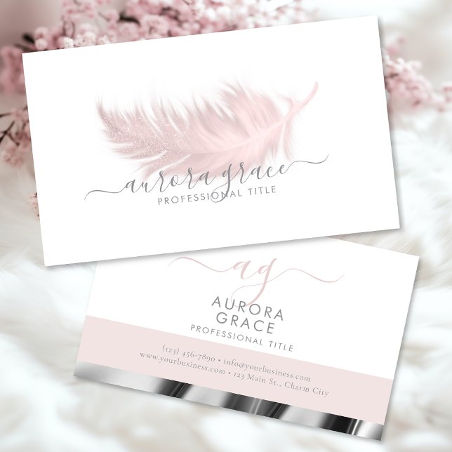 White Pink Feather Silver Business Card (Creator Uploaded)